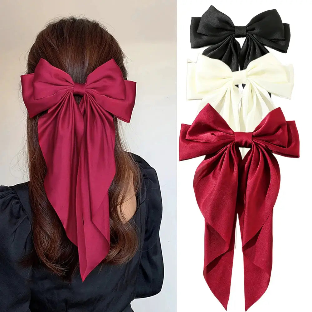 Korean Satin Bowknot Hair Clip For Women And Girls Long Ribbon Solid Color Barrette Hair Accessory