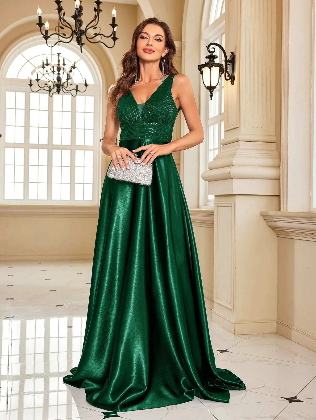 Emerald Green Sequin Evening Dress V Neck Satin Prom Floor Length