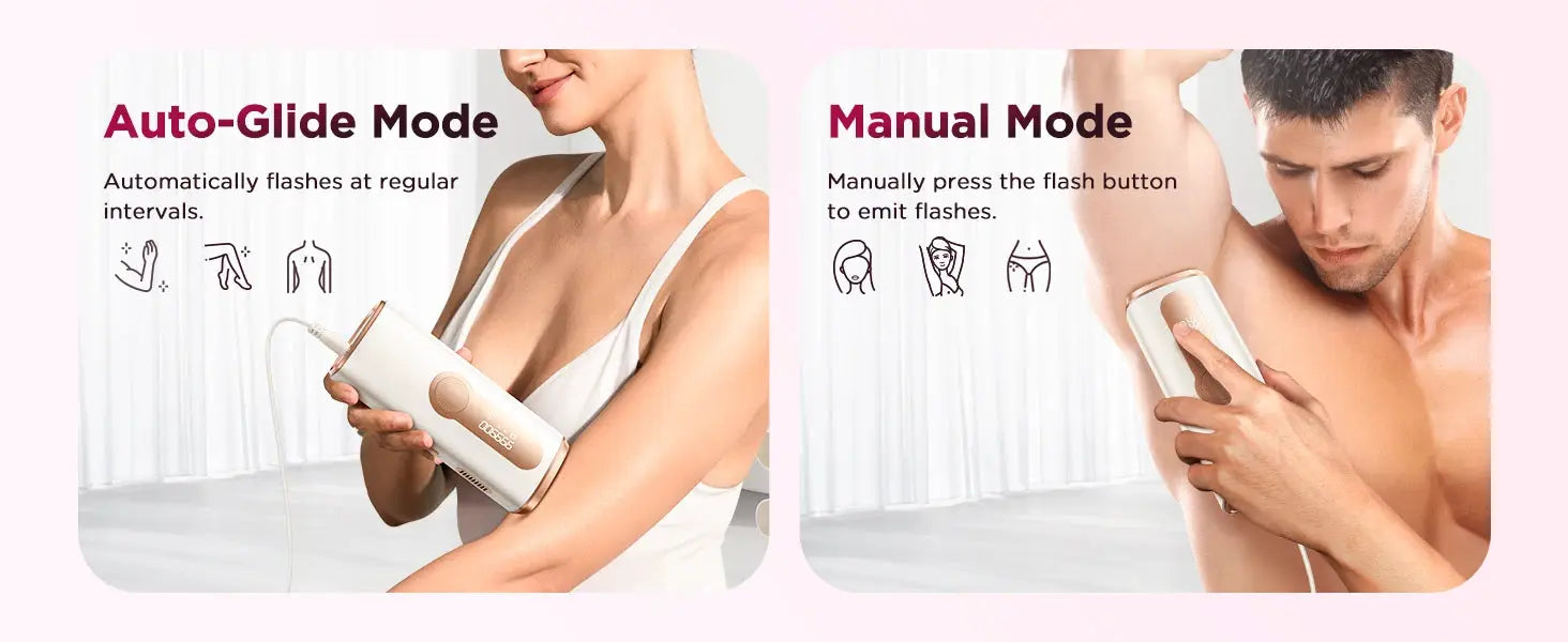 IPL hair removal device by Simples Market in white with rose-gold accents, shown in Auto-Glide and Manual modes.