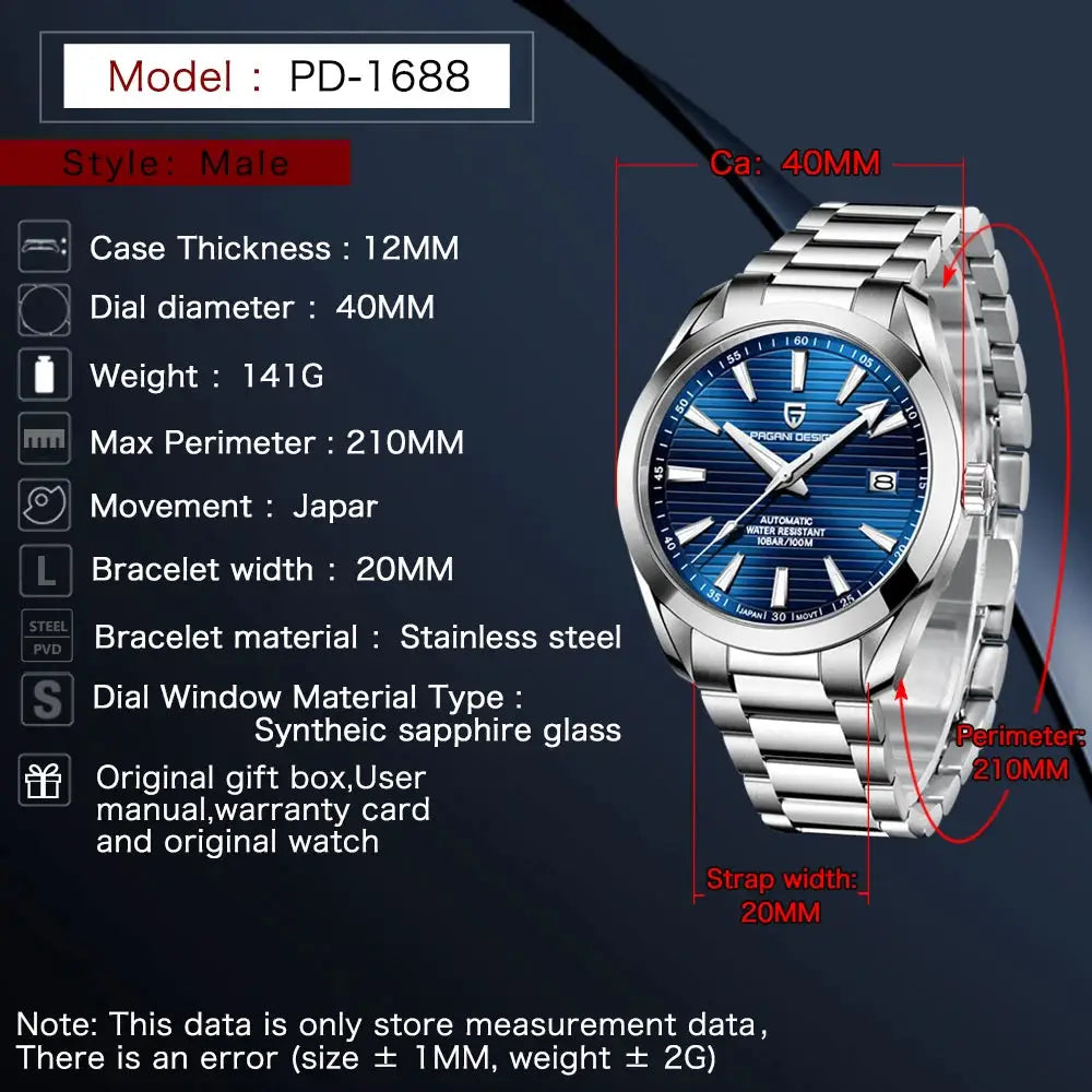 PAGANI DESIGN A150 40mm men's stainless steel automatic watch with blue dial and sapphire glass, 100m water resistant