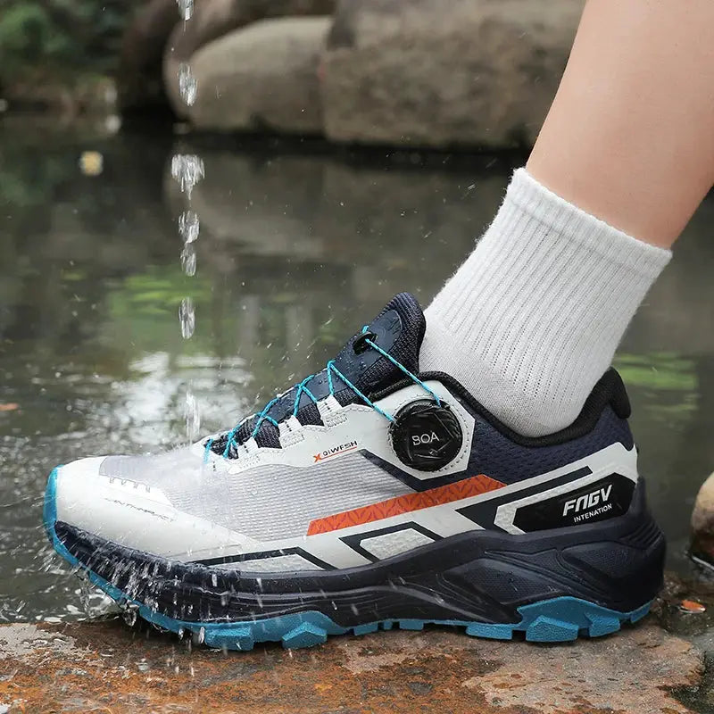 Men's breathable running sneakers with white and teal accents and BOA dial.