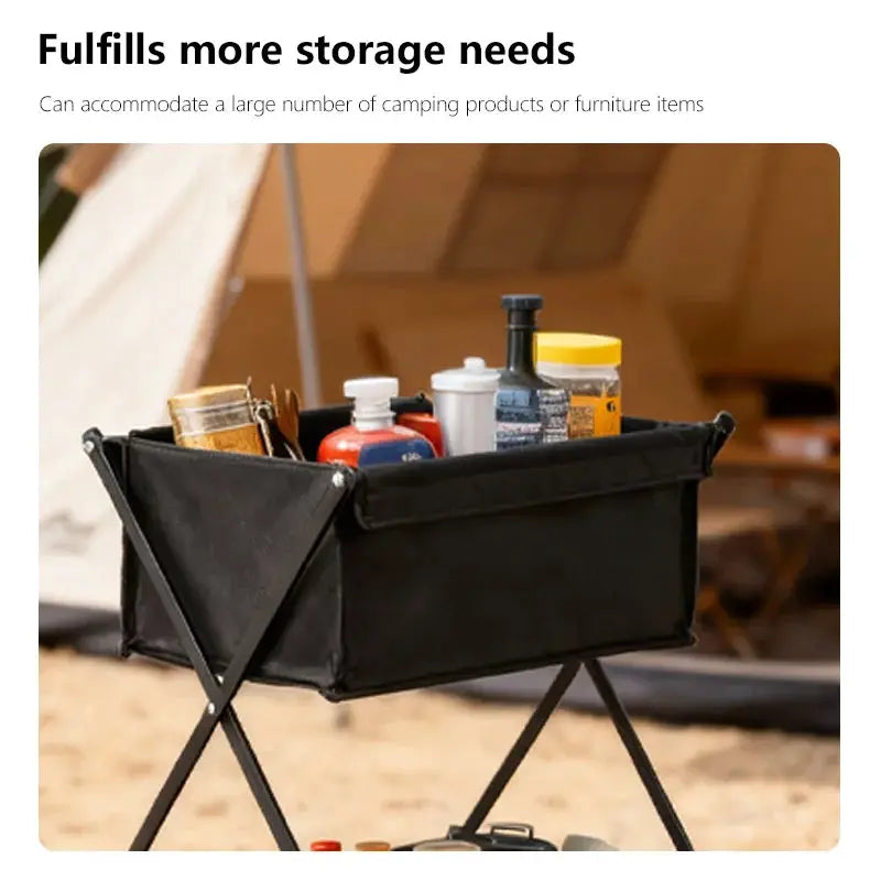 Simples Market TARKA folding camping storage rack, black three-layer outdoor shelf on X-frame