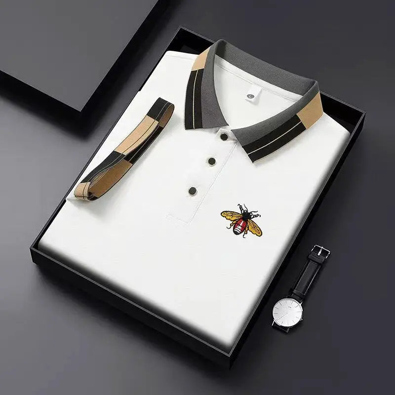 Simples Market white men's polo shirt with embroidered bee logo and color-block collar