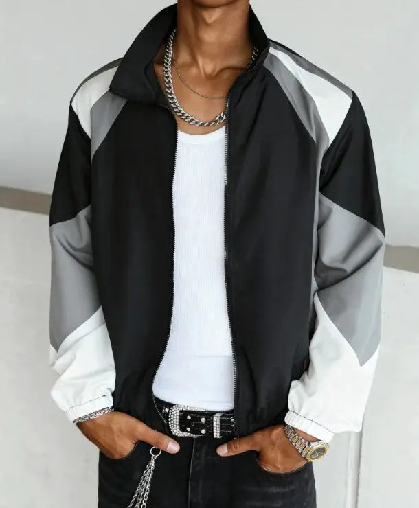 Men's color-blocked jacket by Simples Market, lightweight windproof casual wear in black with grey and white panels.