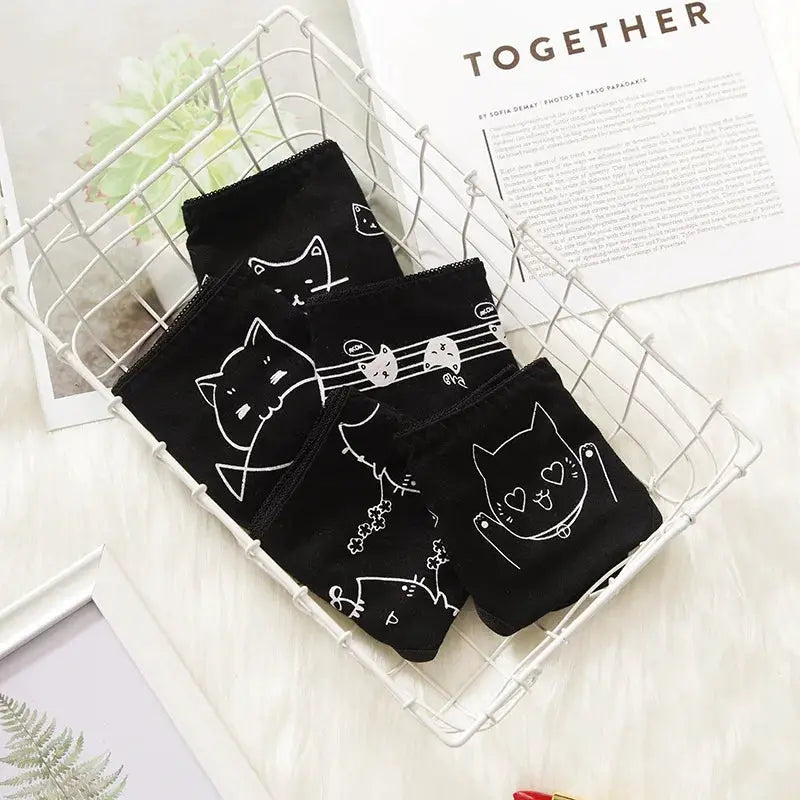 Five black cotton women's panties with white cat illustrations