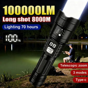 Simples Market 100000LM rechargeable LED flashlight with telescopic zoom and long-range outdoor waterproof design