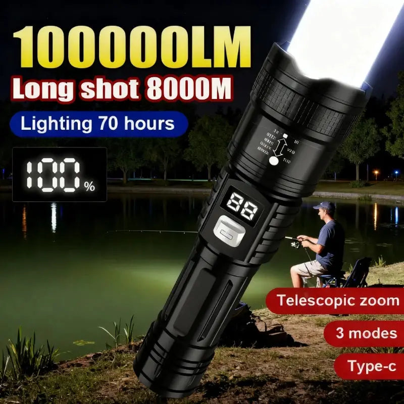 Simples Market 100000LM rechargeable LED flashlight with telescopic zoom and long-range outdoor waterproof design