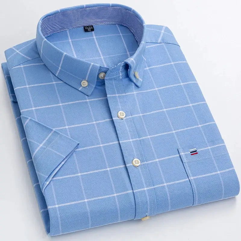 Men's light-blue oxford shirt with white grid plaid, button-down collar and long sleeves