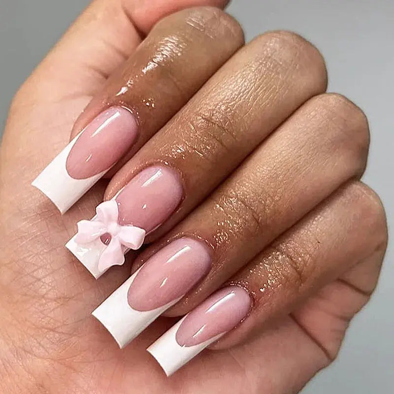 LuxeNail White French Press On Nails 3D Bowknot Full Cover Tips Durable 24Pcs DIY Manicure Set