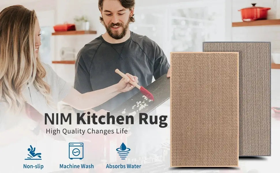 Kitchen rug runners, 2 beige faux-sisal mats with natural rubber backing; washable and non-slip