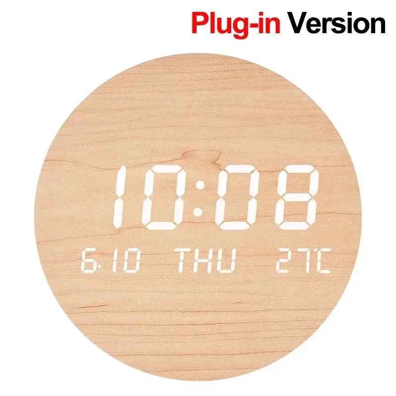 LED digital wall clock Simples Market, circular wood-grain face displaying time, date and temperature