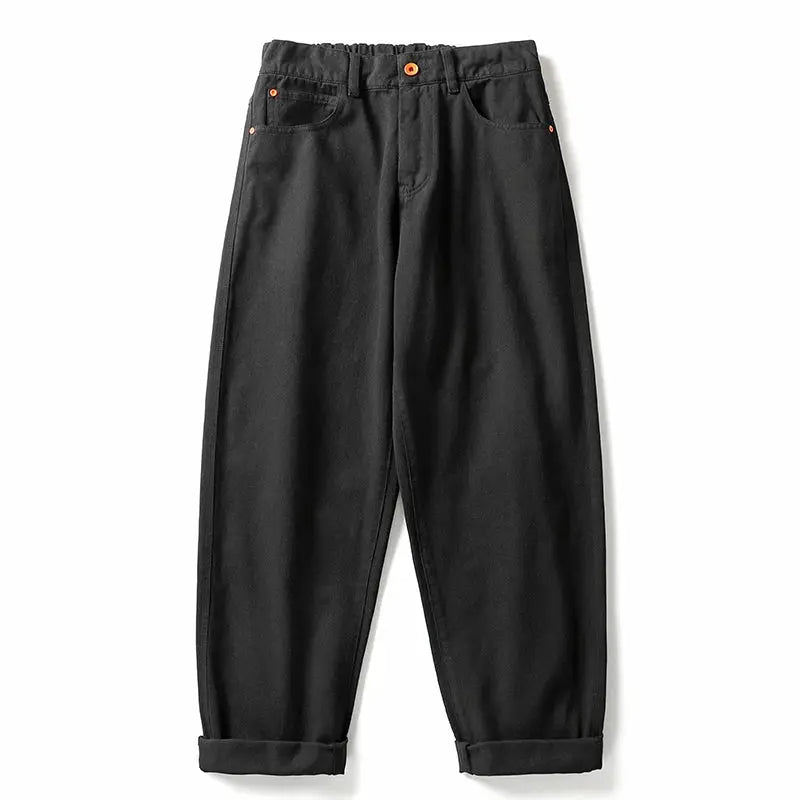 Simples Market black cargo pants for men, Japanese streetwear, straight-leg with rolled cuffs