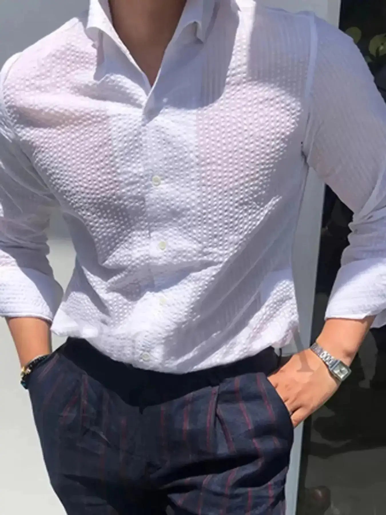 Men's white textured striped long-sleeve shirt with a loose casual fit