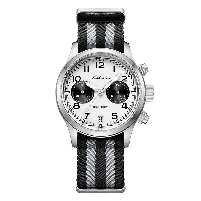 Addiesdive men's chronograph watch with white dial, black subdials, stainless steel case, striped NATO strap
