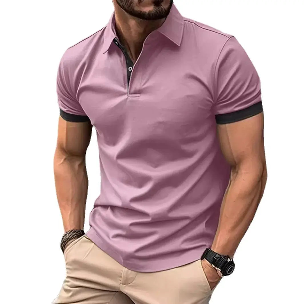 Men's pink polo shirt with short sleeves and black contrast cuffs
