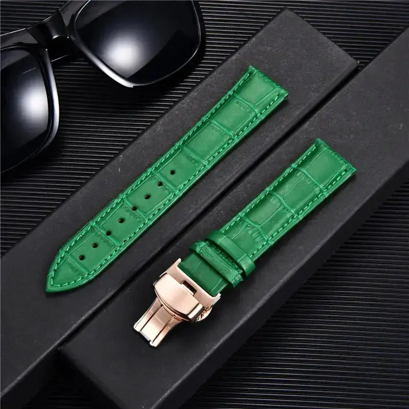 Remzeim Bamboo Pattern Genuine Leather Watch Strap First Layer Cowhide With Steel Butterfly Buckle 18mm 20mm 22mm 24mm