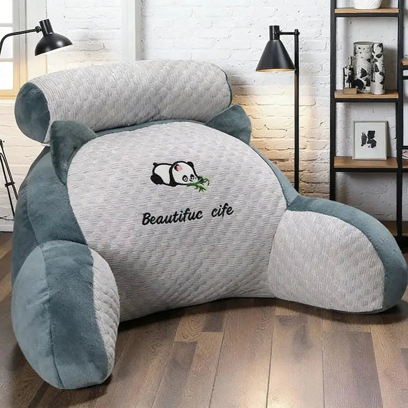 Adjustable reading pillow, gray quilted breathable back support cushion with panda embroidery and Beautiful life