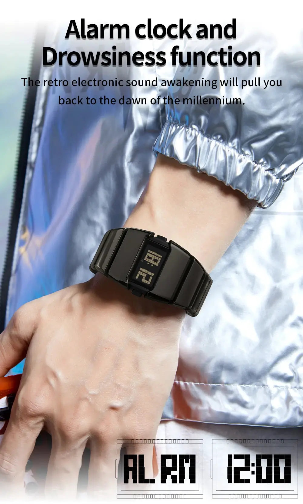 SANDA 9504 digital watch on black metal strap with LCD display showing 12:00