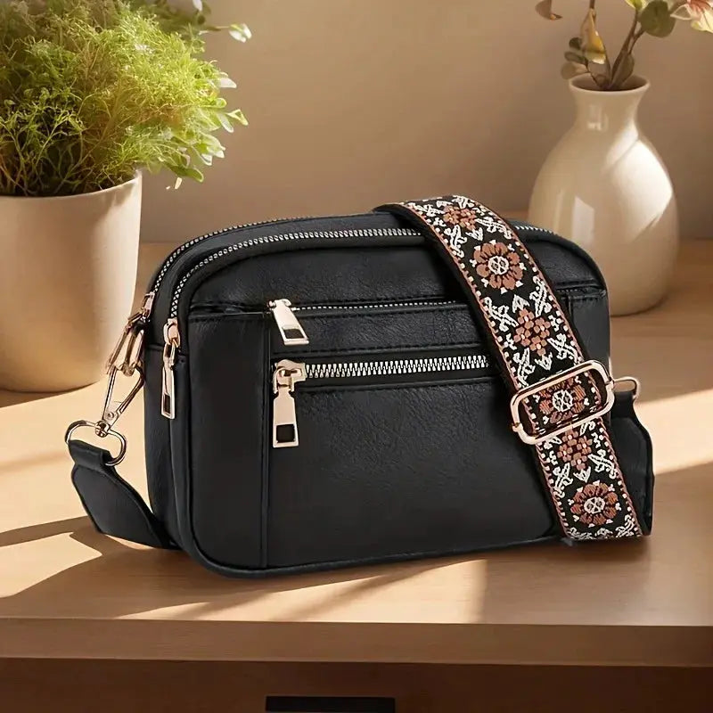 Simples Market retro crossbody bag for women, black square multifunctional bag with gold zippers and floral-pattern strap