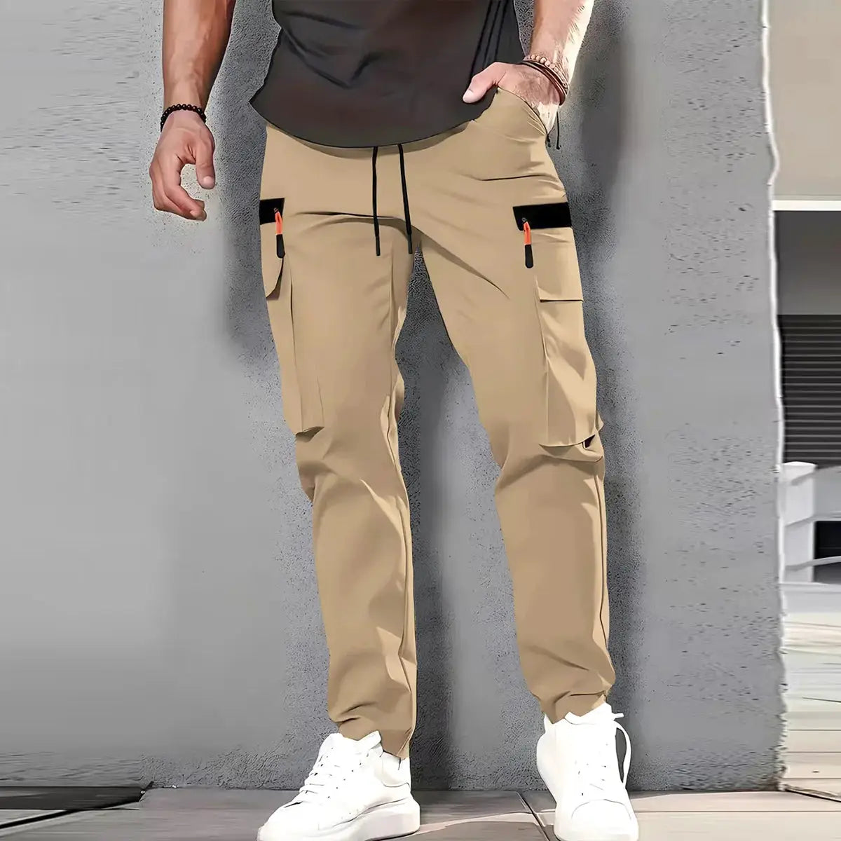 Men's tan cargo pants with straight-leg, multiple pockets, quick-dry waterproof fabric and drawstring waist