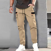 Men's tan cargo pants with straight-leg, multiple pockets, quick-dry waterproof fabric and drawstring waist