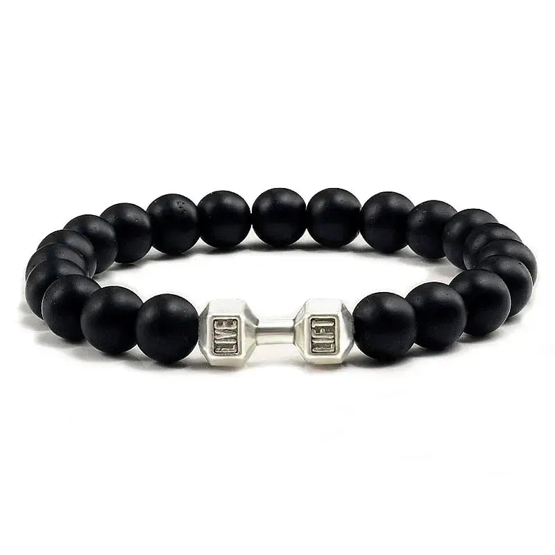 Natural Volcanic Stone Bracelet For Men And Women Matte Black Lava White Beads Dumbbell Charm Strand Fitness Jewelry