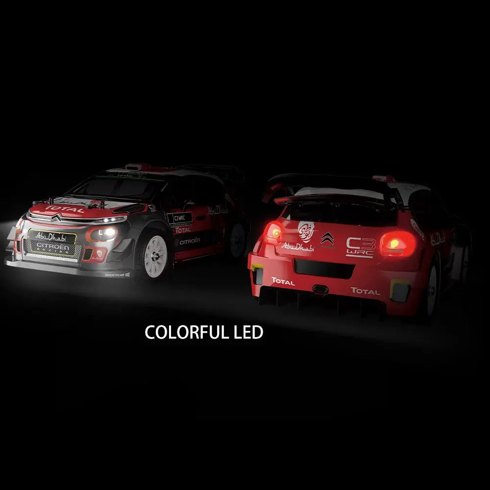 Simples Market 1/14 RC drift cars set, red and black 4WD brushless rally trucks with colorful LEDs (2 cars)