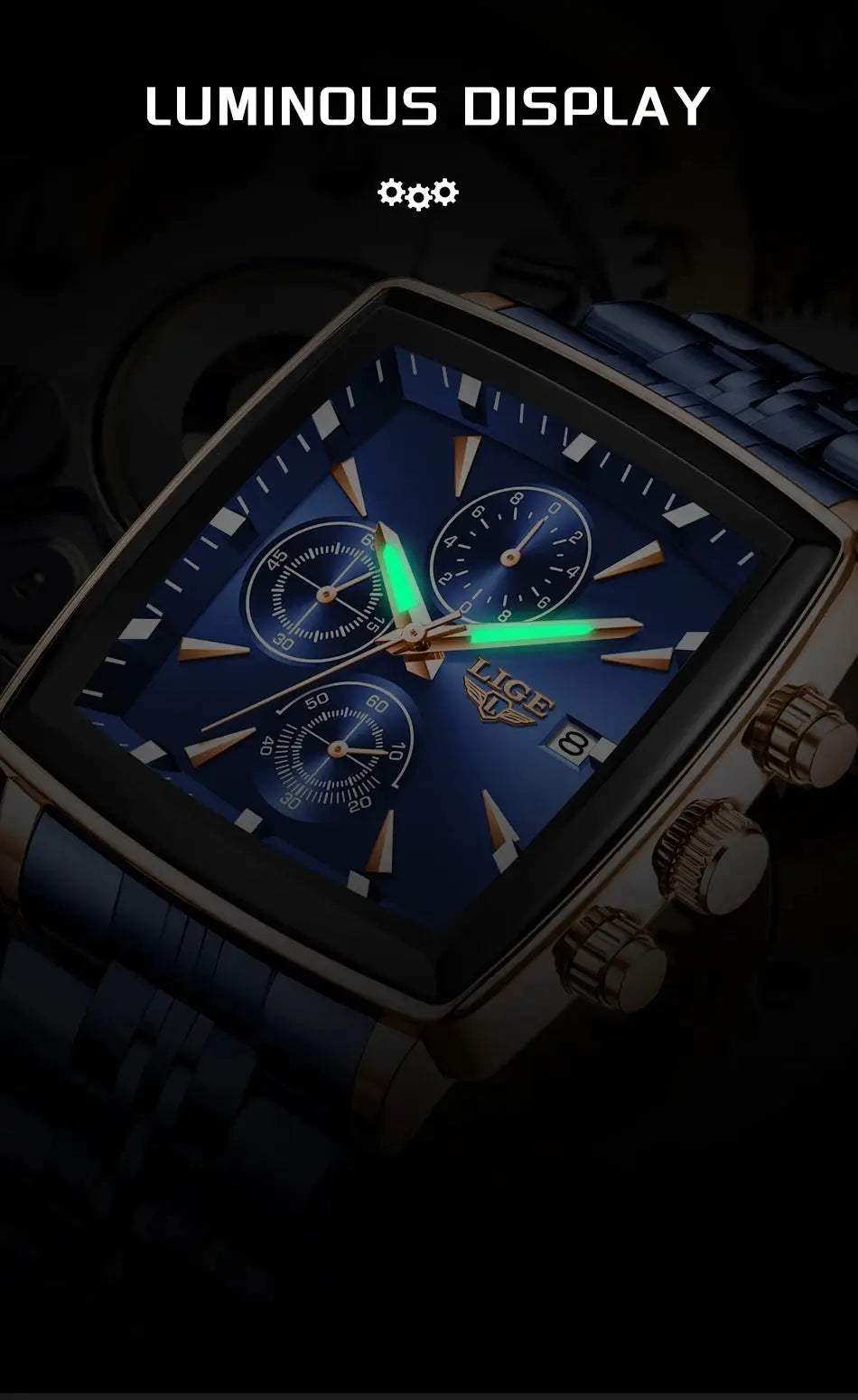 LIGE blue square men's wristwatch with stainless steel bracelet, luminous green hands, date window