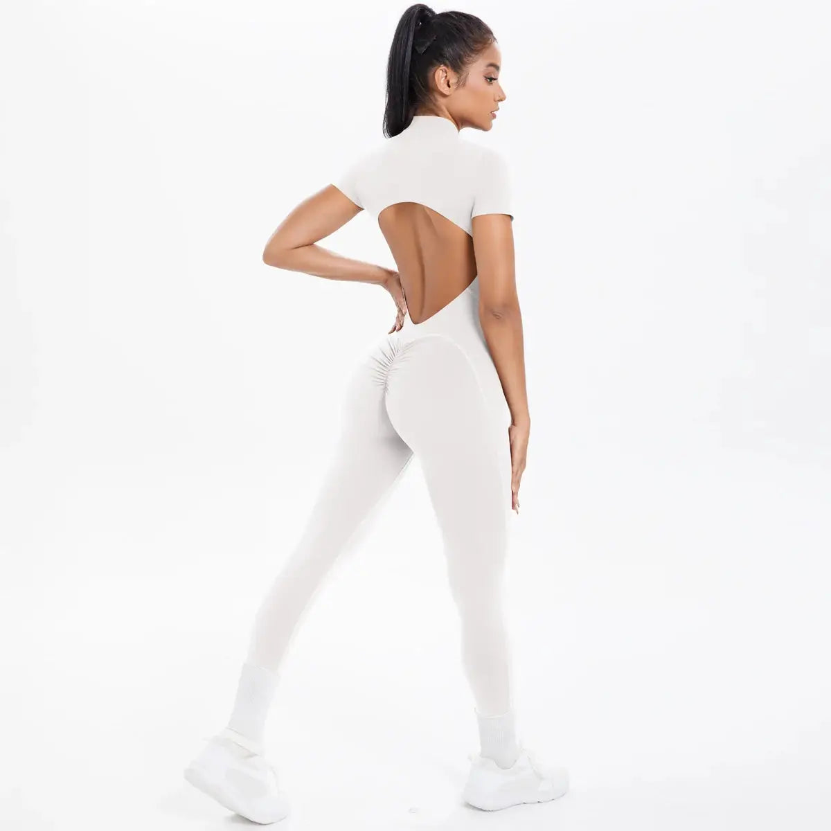 Women's white backless fitness jumpsuit with short sleeves and scrunch detail