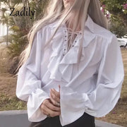Ouji Womens Victorian Gothic Blouse Ruffled Front With Adjustable Lace Up Closure