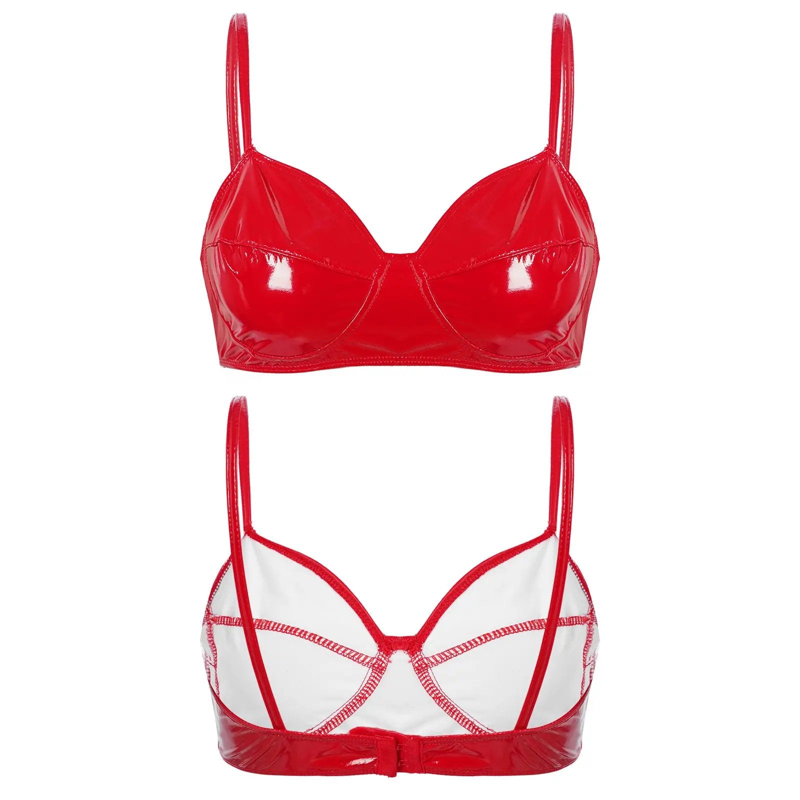 Two glossy patent-leather belly dancing bra tops in red and white/red for clubwear.