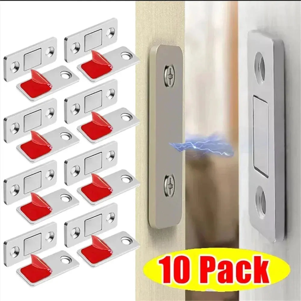 Magnetic cabinet catches 10-pack in silver metal with red tabs for kitchen cupboards and drawers