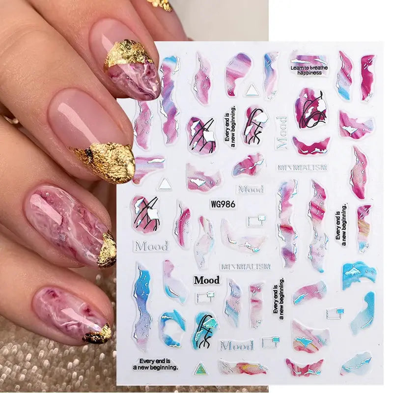 Nail art decals sheet by Simples Market with colorful bronzing stripes, geometric lines and flowers.