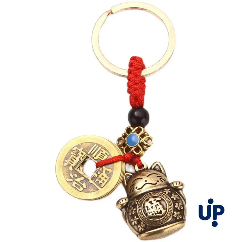 Vintage Pure Handmade Car Keychain Lucky Cat With Five Emperors Coins Maneki Neko Alloy Gold Tone Key Ring