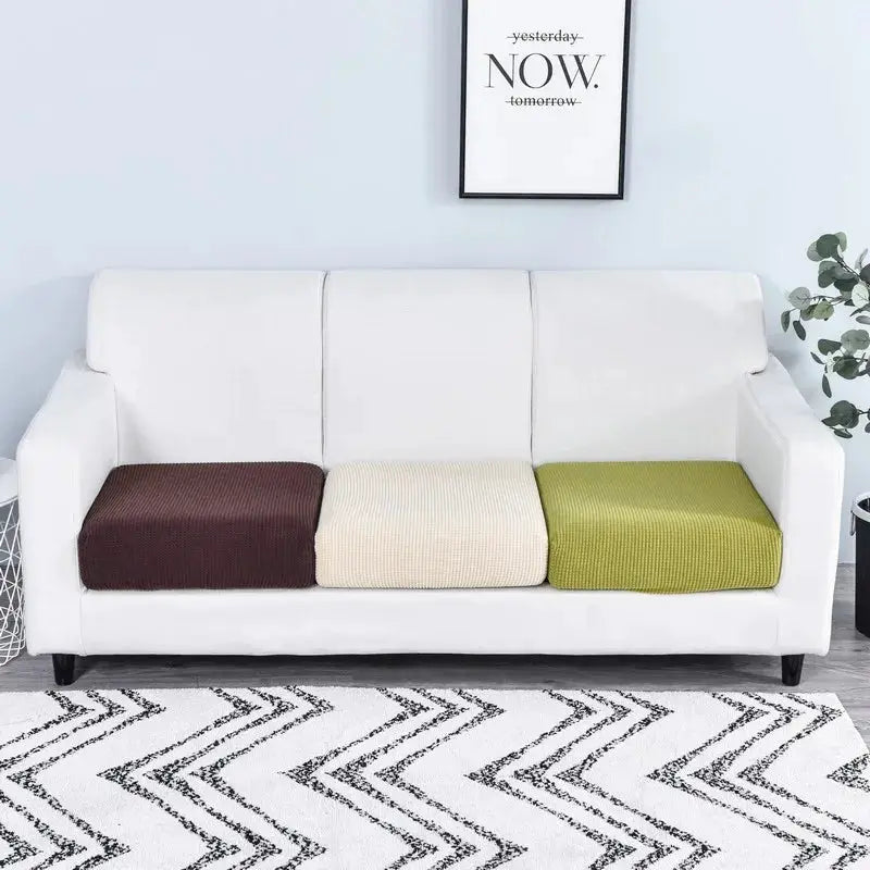 3-piece thick elastic sofa cover set in brown, beige, and olive green by Simples Market on a white sofa