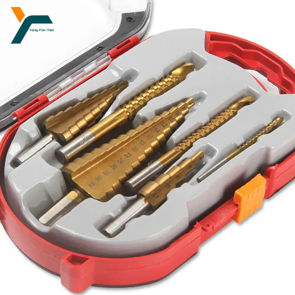 Six Piece Titanium Coated Step and Saw Drill Bit Set for Woodworking and Metal 4 to 12 mm 4 to 20 mm 4 to 32 mm