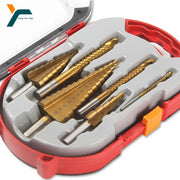 Six Piece Titanium Coated Step and Saw Drill Bit Set for Woodworking and Metal 4 to 12 mm 4 to 20 mm 4 to 32 mm