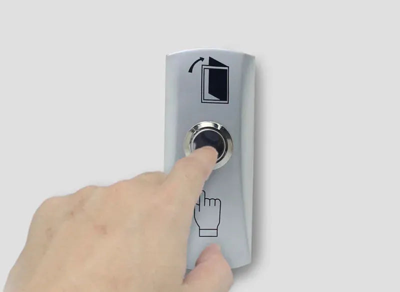 Door exit release button panel, zinc alloy with gray plate and round push button by Simples Market