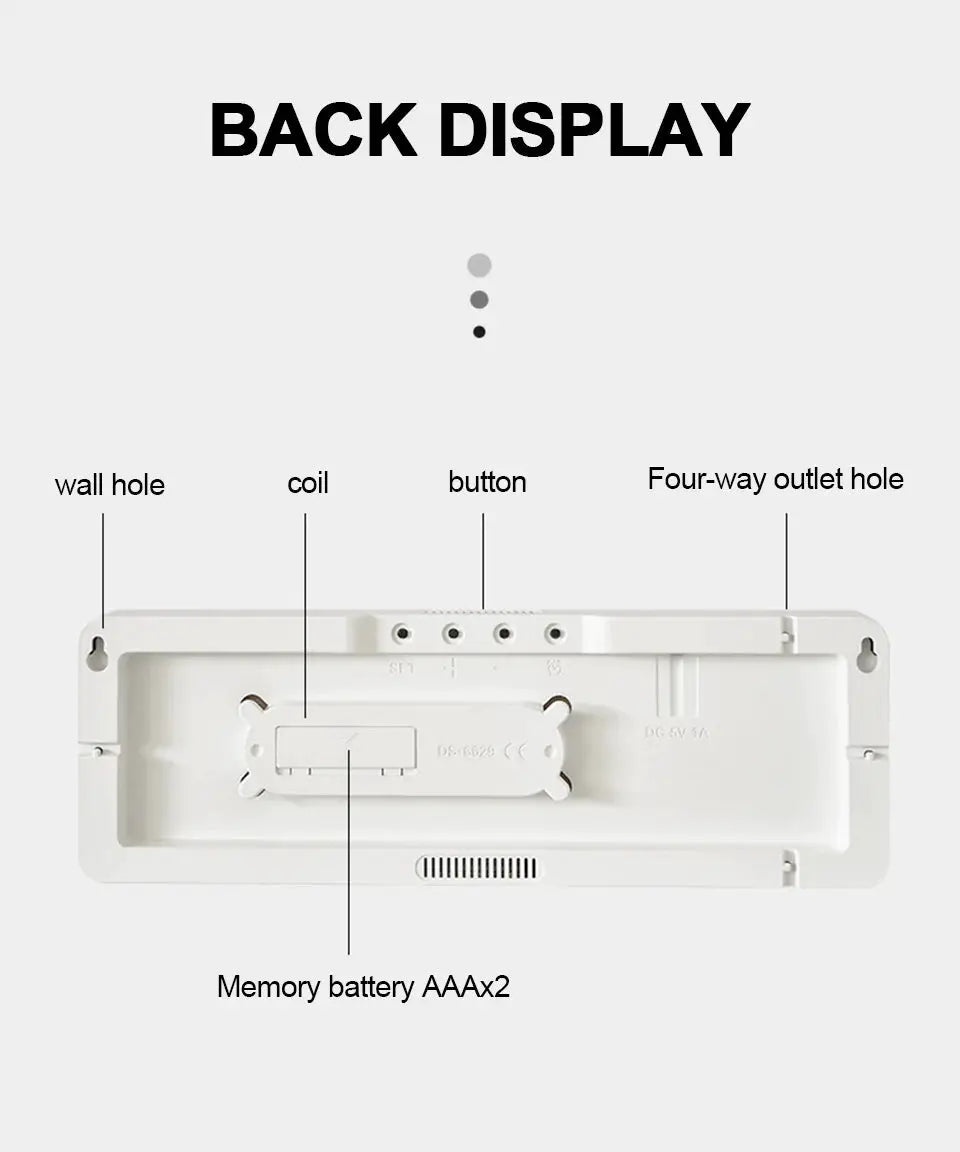 Simples Market white digital wall clock back view with battery compartment for two AAA batteries, wall mounting holes and buttons