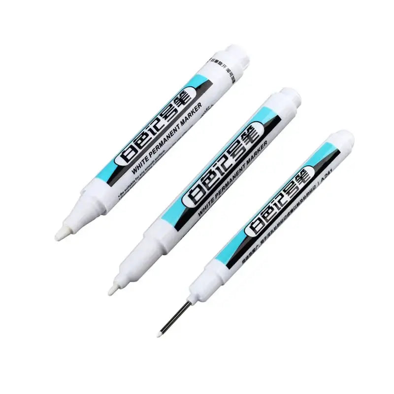 White permanent marker pens set of 3 by Simples Market with 0.7/1.0/2.5 tips for wood, plastic, glass, metal, ceramic.