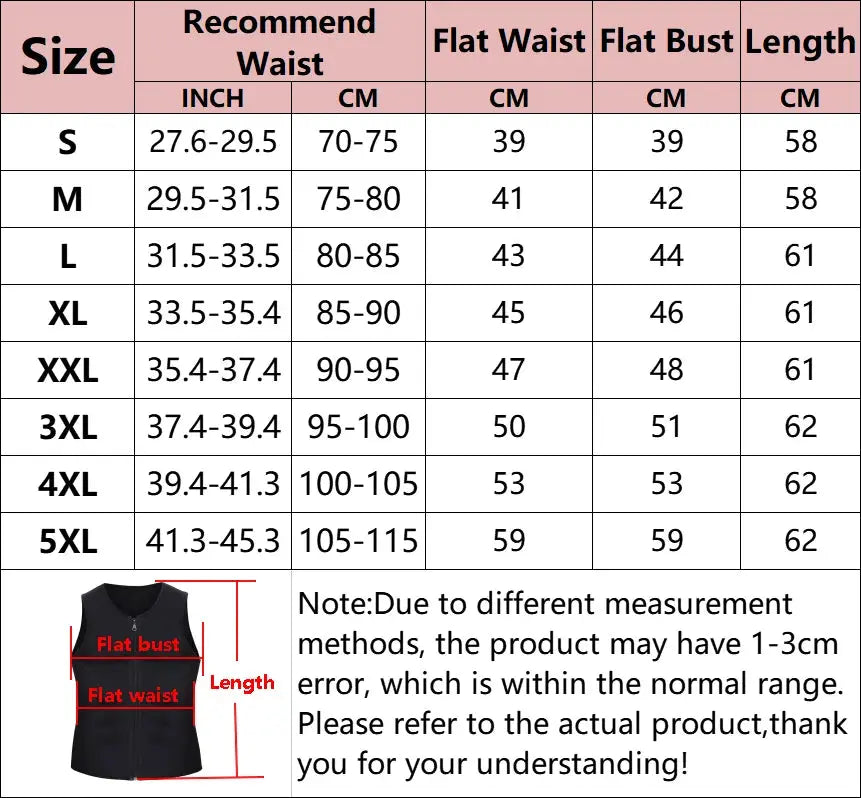 Men's waist trainer sauna vest body shaper by Simples Market with size chart and measurement diagram, black