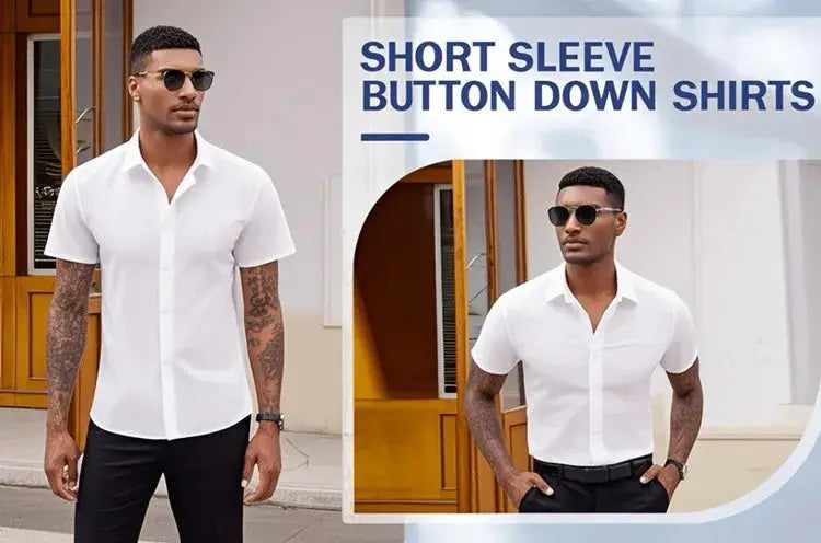 Men's white short-sleeve button-down shirt, wrinkle-free office dress shirt