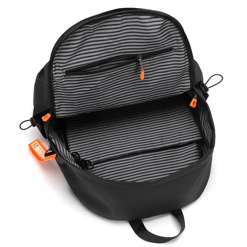 Luxury men's backpack, black waterproof 15.6-inch laptop bag with striped gray interior and orange zipper pulls
