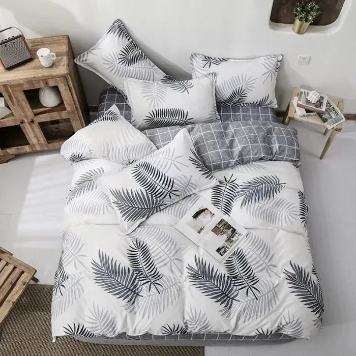 Simples Market four-piece cotton bedding set with aloe vera palm-leaf print, white/gray sheets and quilt cover