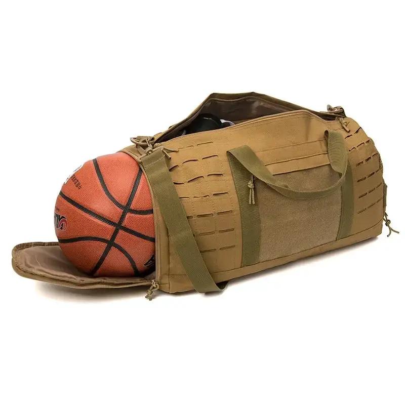40L tactical sport gym bag in tan with 1 basketball partially inside