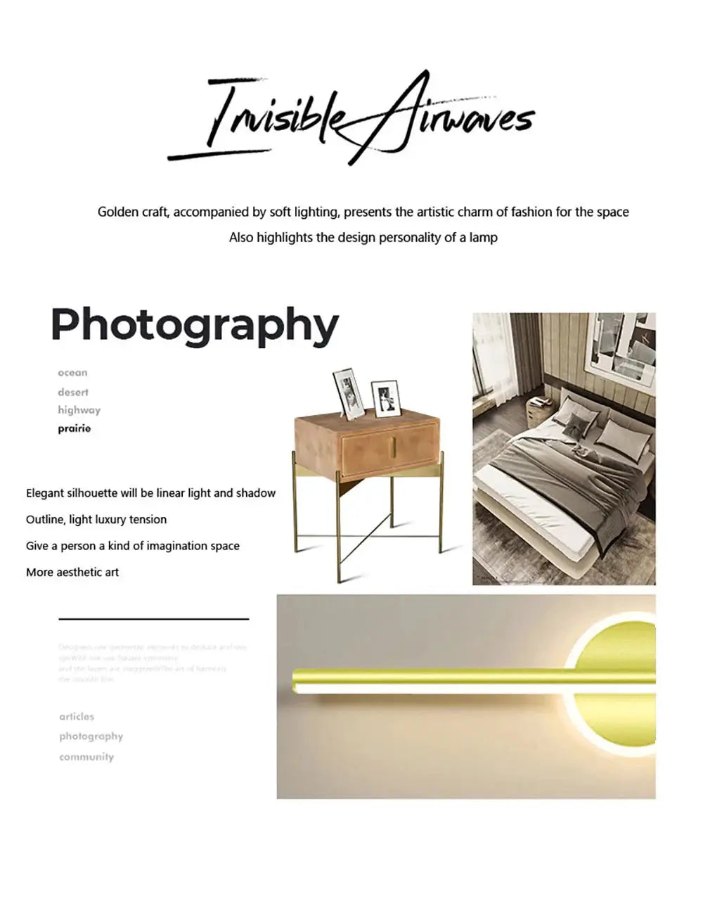Modern LED wall lamp long strip light in black and gold, showcased in a decor collage
