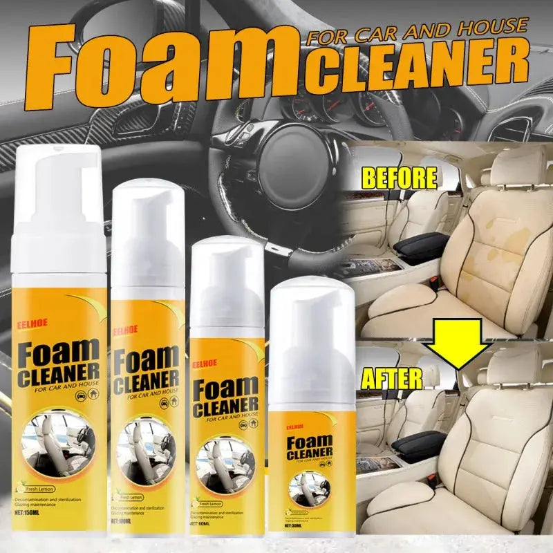 Car foam cleaner spray set by Simples Market; five yellow-labeled bottles for car interior and leather cleaning.