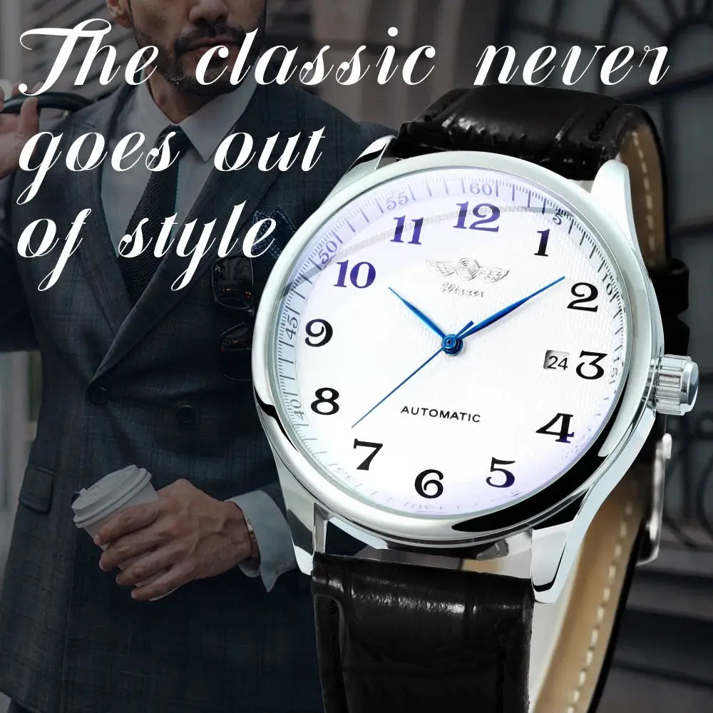 Winner men's fashion business watch with white dial, blue hands, date window, stainless steel case, black leather strap