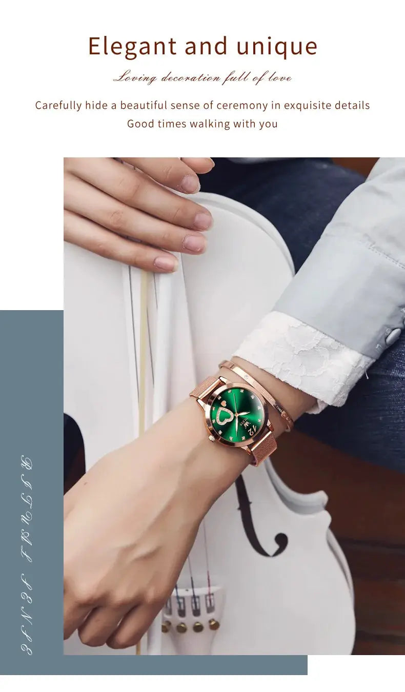 OLEVS 5189 women's quartz watch with rose-gold mesh strap and green heart-design dial.