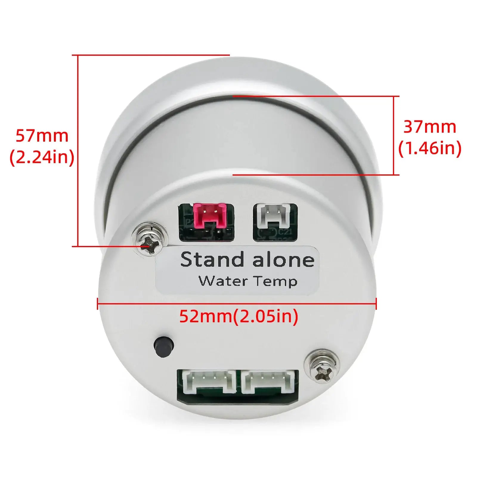 Universal 12V 52mm water temperature gauge back with pink and gray connectors on white housing